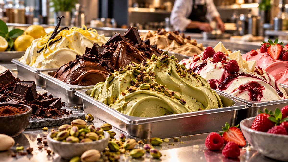 Un banco di gelateria: pistacchio, cioccolato, crema al limone, nocciola, fior di latte con variegato ai frutti di bosco e fragola, con ingredienti freschi.